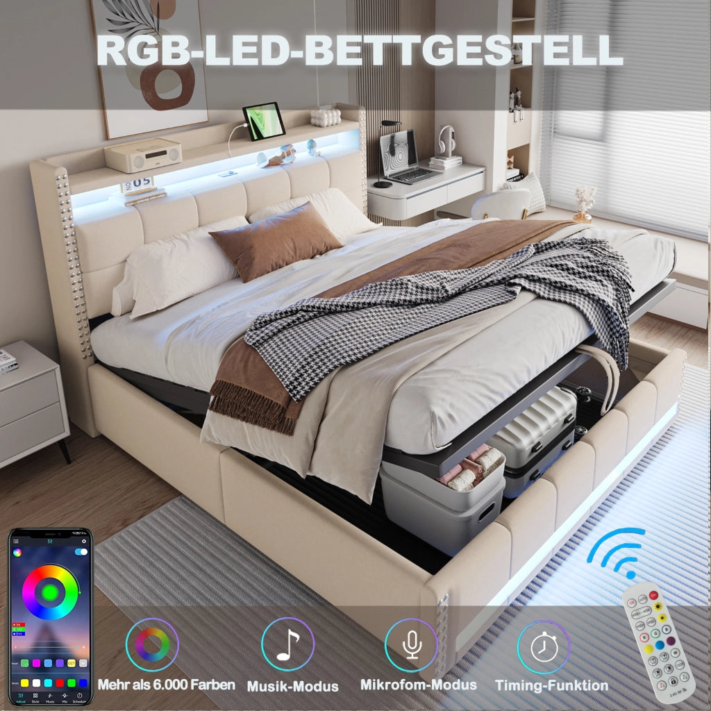DESMIU Letto Imbottito 180 × 200 cm 2 posti con LED, USB, ripiani e contenitore, senza materasso, in lino, beige