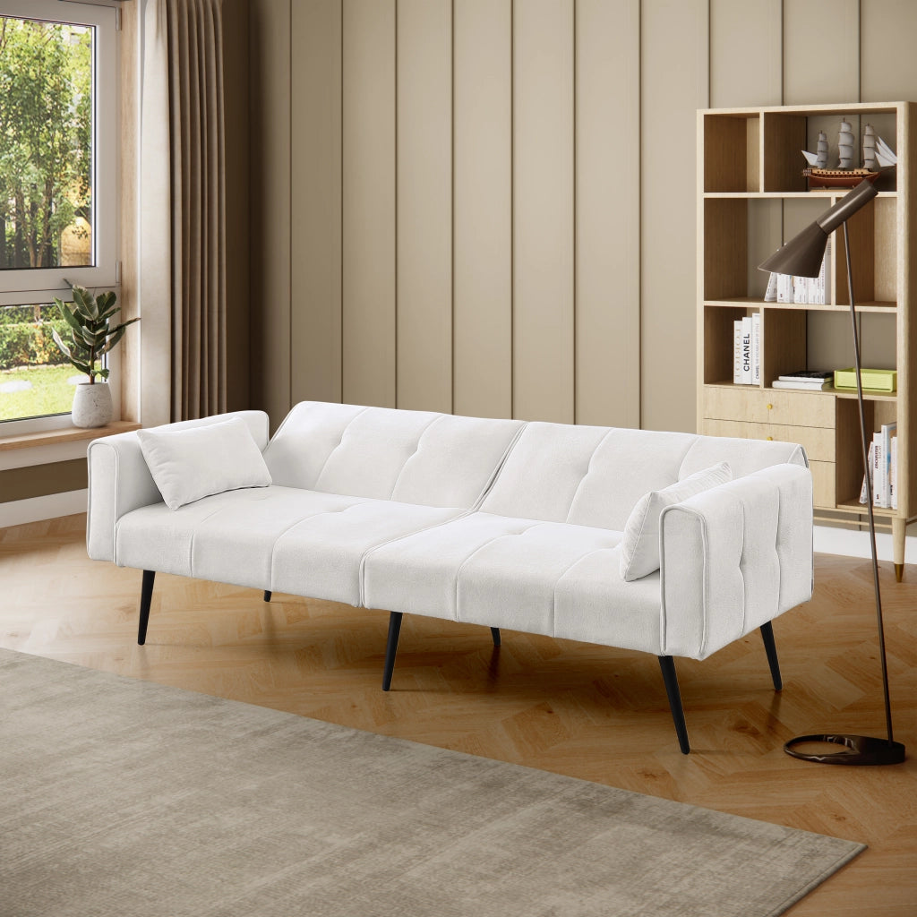 Divano letto futon convertibile con struttura in legno e piedini in metallo per salotto in tessuto a coste beige
