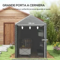 Capanno Attrezzi anti UV con Ingresso a Zip, in Acciaio Zincato e Tessuto PE,120x179x165 cm, Grigio Scuro