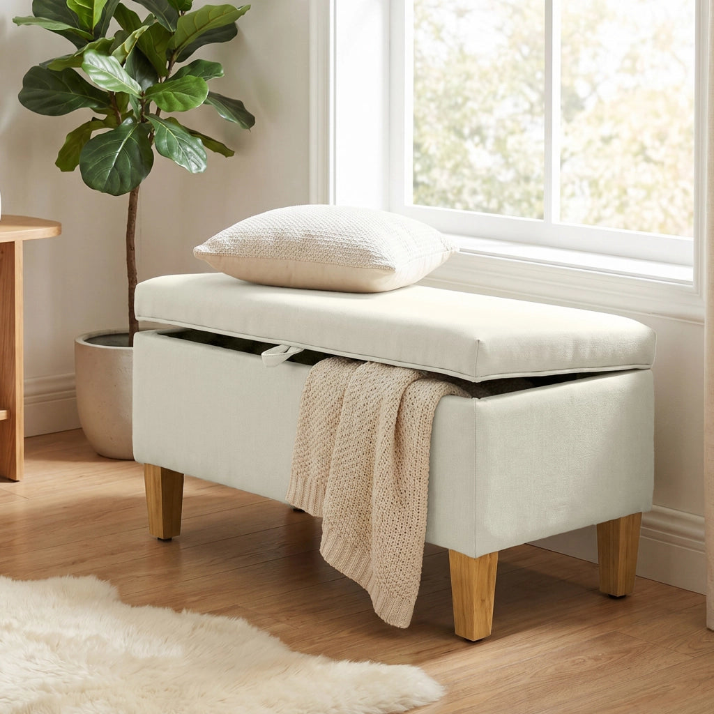 Panca contenitore imbottita in tessuto lino ¨C Xylo ¨C beige con piedini in legno 71x37x36cm