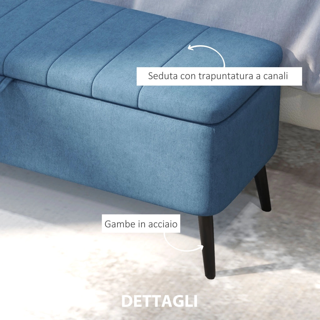 Panca Contenitore 102x40x44 cm Poggiapiedi Imbottito in Tessuto Effetto Lino Blu Scuro