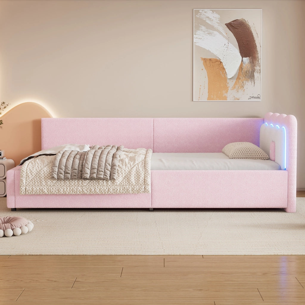 Letto giorno con luce LED velluto rosa 90x200 cm