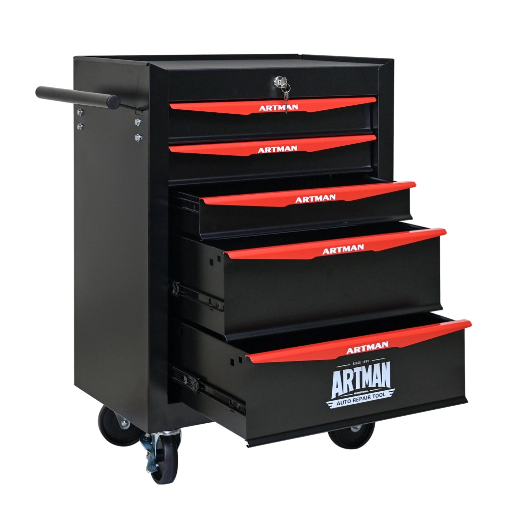 Carrello portattrezzi in acciaio con 5 cassetti e ruote bloccabili, 60x33x77,5 cm, nero e rosso