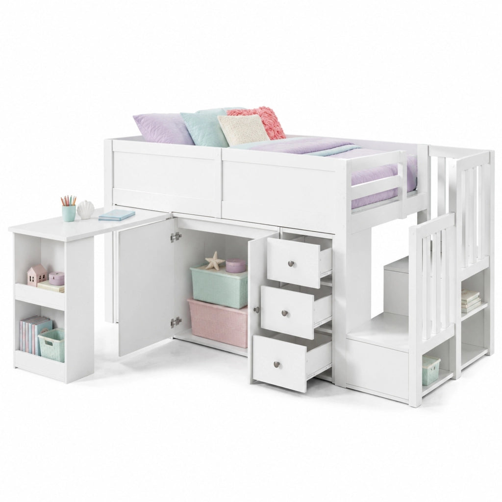 Letto a castello per bambini 90x200 cm in MDF bianco con scrivania estraibile e contenitore