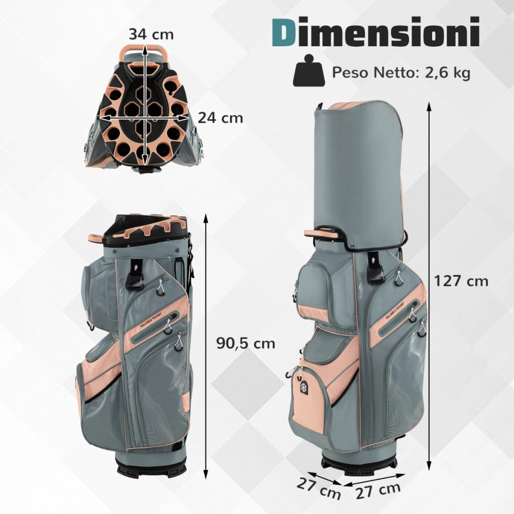 Borsa da golf con serratura e divisori a 14 vie tracolla imbottita sacca isolante, Borsa carrello da golf porta ombrello e cappuccio antipioggia Rosa