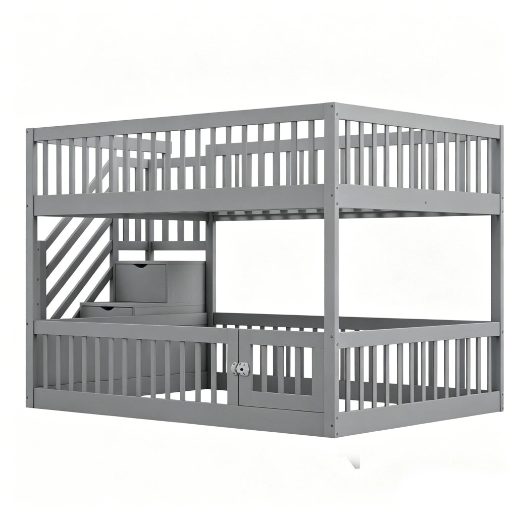 Letto a castello 140 × 200 cm con scala con cassetti e sportello inferiore, senza materasso, in legno massiccio, grigio
