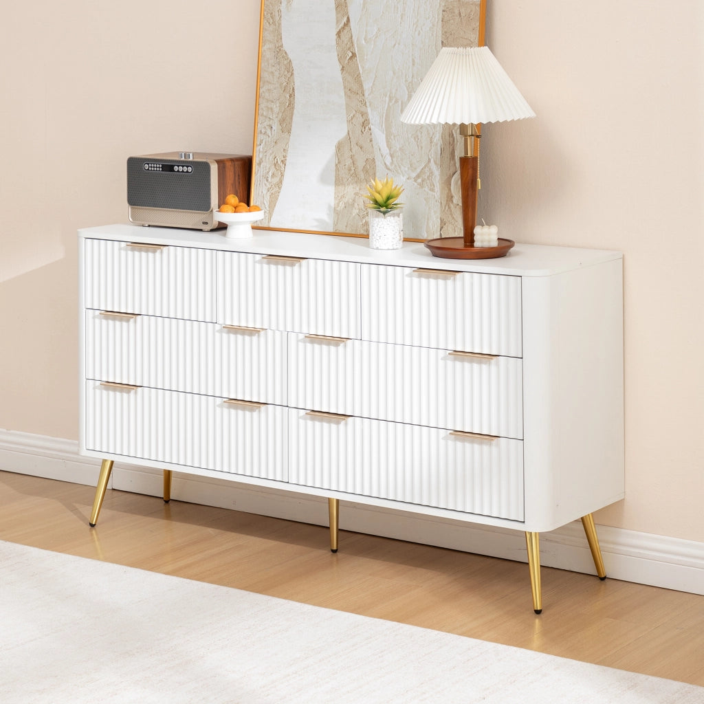 Settimanale con 7 cassetti e chiusura ammortizzata, maniglie in metallo, per ingresso, in MDF bianco, 145 × 40 × 80 cm