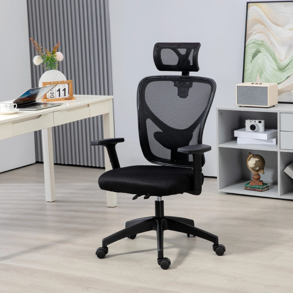 Sedia da Ufficio Ergonomica con Altezza Regolabile, Supporto Lombare e Poggiatesta, 66x61x106-116cm Nero