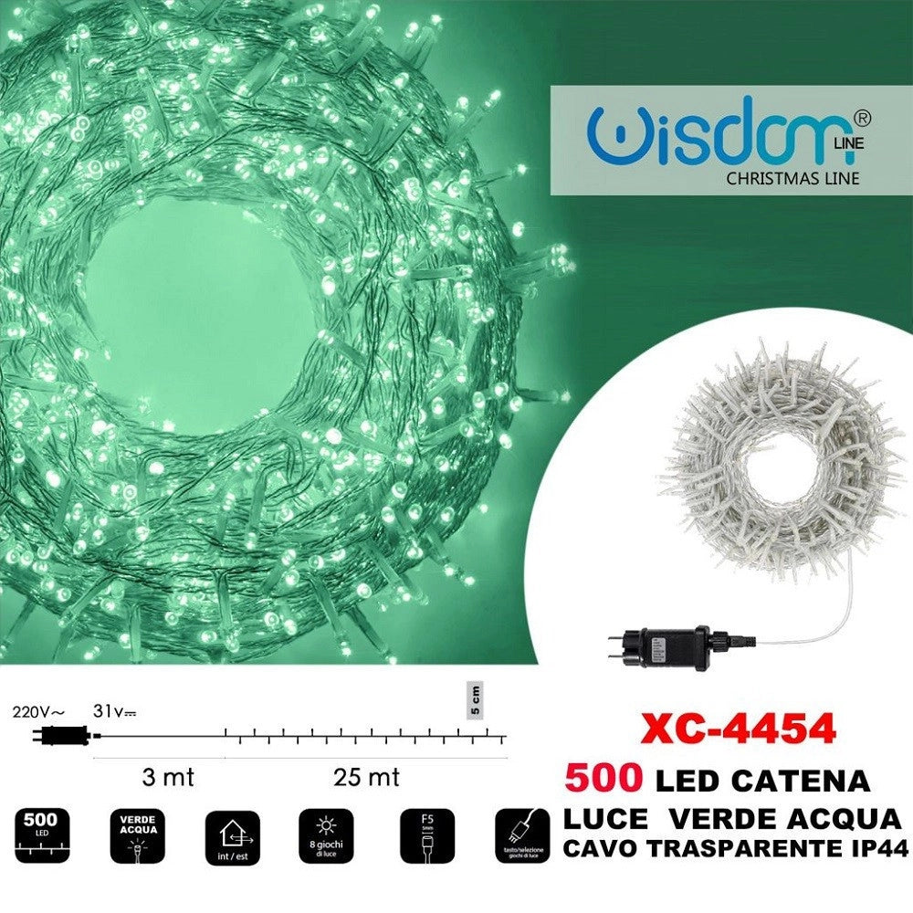 Trade Shop - Catena Luminosa 500 Luci Led Lucciole Luce Verde Acqua Cavo Trasparente Xc-4454 -