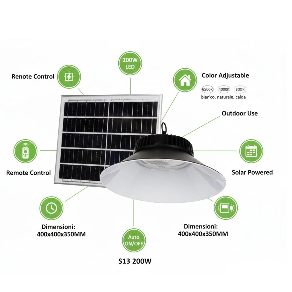 LAMPADA LED SOLARE 200W PANNELLO FOTOVOLTAICO E TELECOMANDO 3CCT IP65 ET-31373