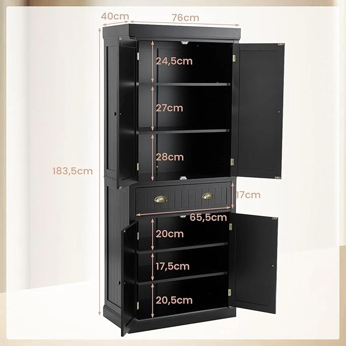 Credenza Alta Cucina, Armadietto Dispensa da Cucina con Portabottiglie, Ripiani Regolabili e 3 Cassetti, per Soggiorno, Cucina e Sala da Pranzo, 106,5 x 42 x 184 cm (Nero)