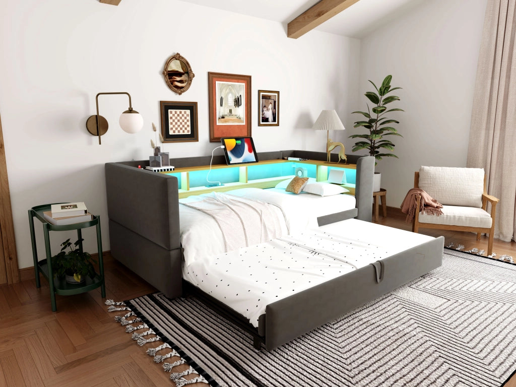 DESMIU Divano letto 90/180 × 190 cm 1 posto con LED, prese e vani, senza materasso, grigio scuro