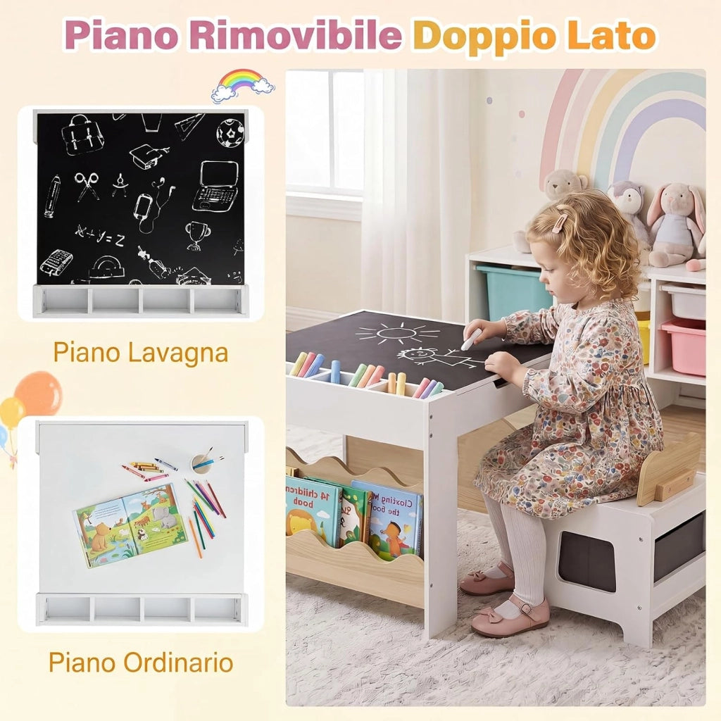 4 in 1 Set Tavolo e 2 Sedie per Bambini 3+ Anni (Naturale e Bianco) | Tavolo e Sedie con Lavagna Rimovibile, Sedia con Cassetto in Tessuto, Mobile in Legno Versatile per Cameretta e Soggiorno