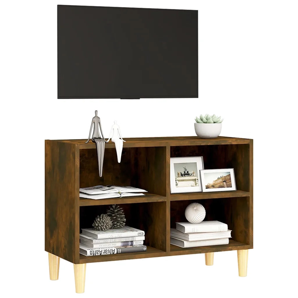Mobile TV con Gambe in Legno Massello Rovere Fumo 69,5x30x50 cm