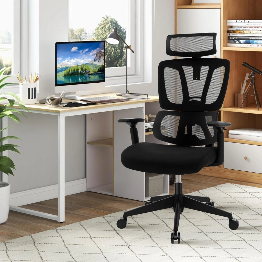 Sedia da ufficio ergonomica con rete traspirante sedia da ufficio regolabile con supporto lombare con poggiatesta e braccioli, girevole con seduta imbottita, nera