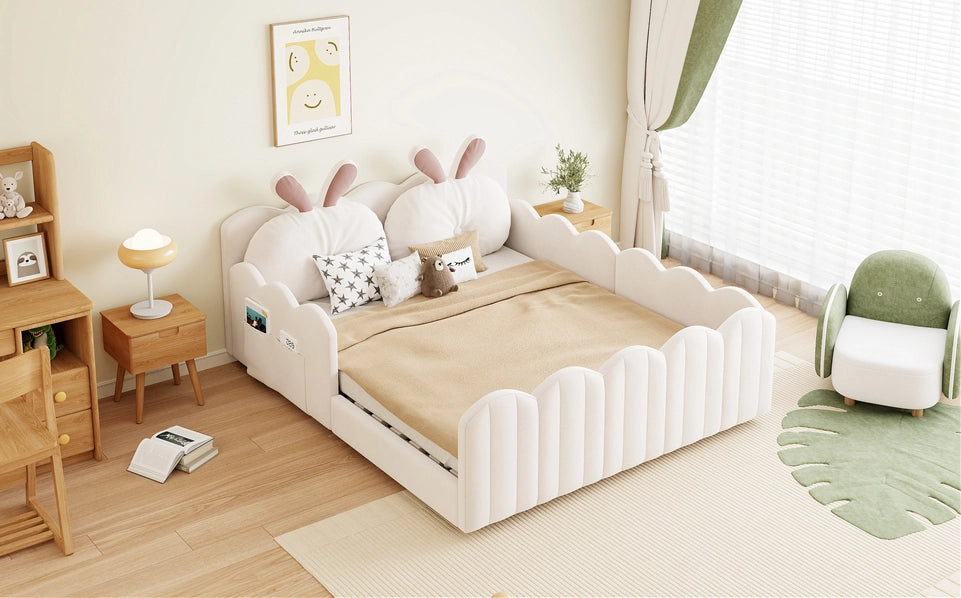 Letto piattaforma imbottito beige 140x200 cm con cuscino a forma di coniglio