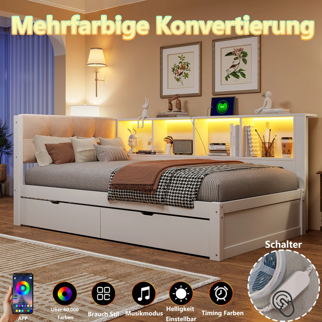 Letto singolo 90 × 200 cm con 2 cassetti, ripiani laterali, LED dimmerabile e USB, senza materasso, bianco