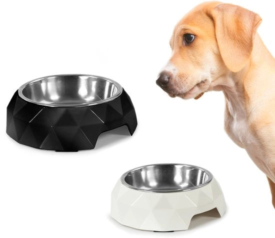 Piatto per cani in acciaio inossidabile e melamina – Rimovibile – Con tacchetti antiscivolo – Dimensioni: Ø 18 cm – Capacità: 350 ml – Colore: Bianco