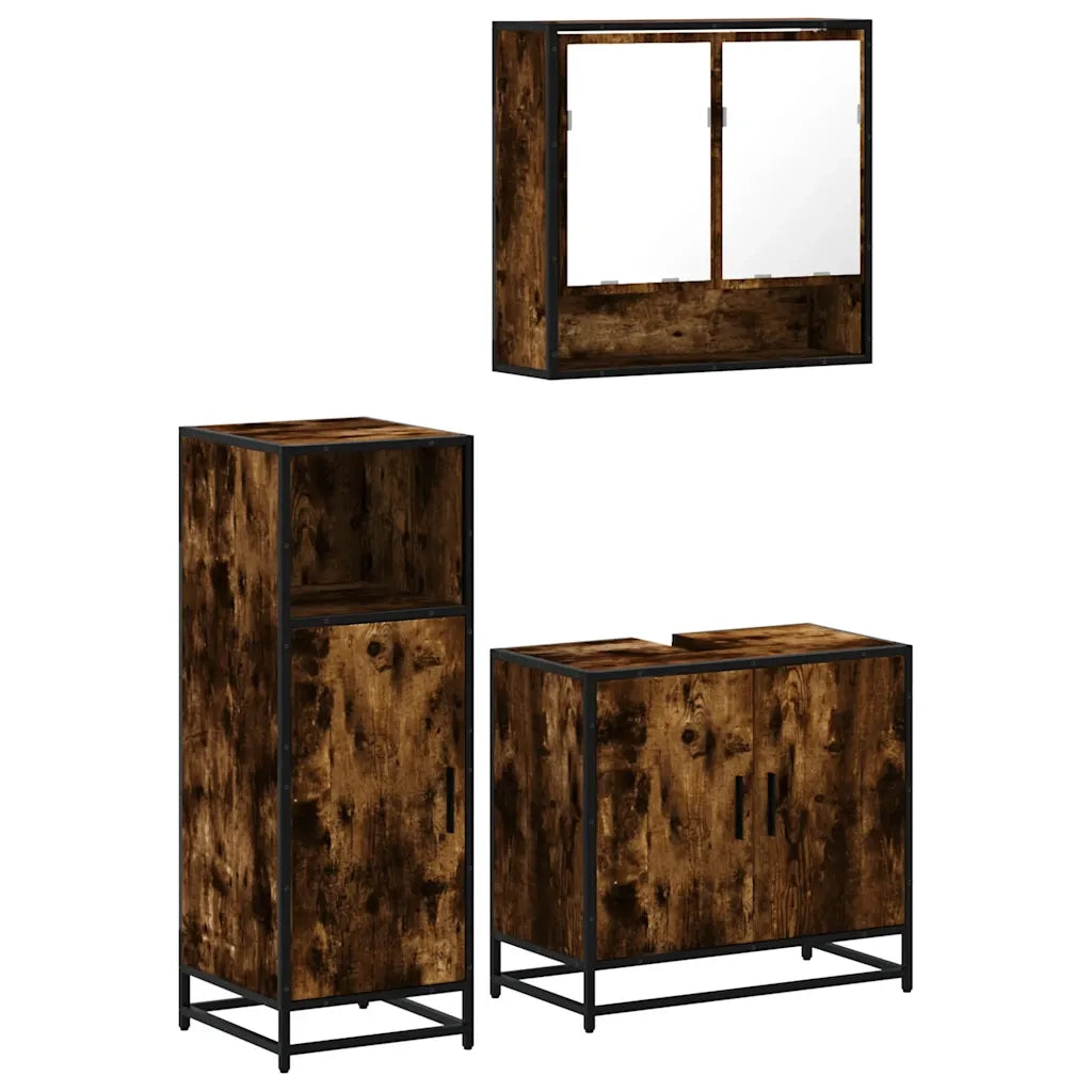 Set Mobili da Bagno | Armadio da bagno 3 pz Rovere Fumo in Legno Multistrato