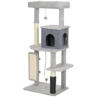 Albero per Gatti Multilivello Alto 132 cm con Casetta, Lettino, Pali Tiragraffi, Spazzola e Pallina, Grigio