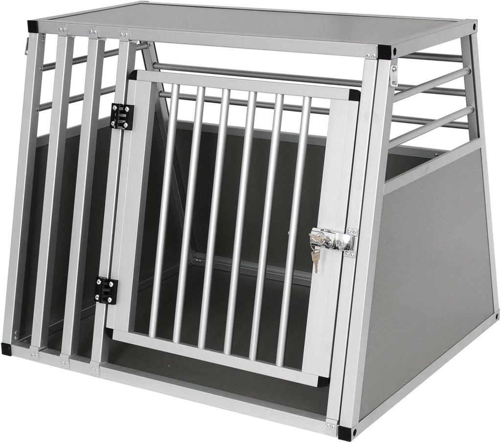 Trasportino Cane Auto, Trasportino Cani Grande in Alluminio, Box Trasporto per Cani Grande Media, Cuccia Cane Esterno, Kennel per Canette con Chiusura per Viaggio Trasporto 80x65x65cm