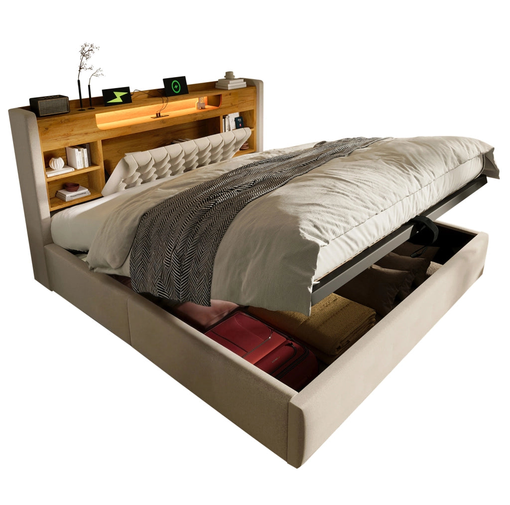 Letto matrimoniale 180x200 cm in lino beige con contenitore; LED e porte USB