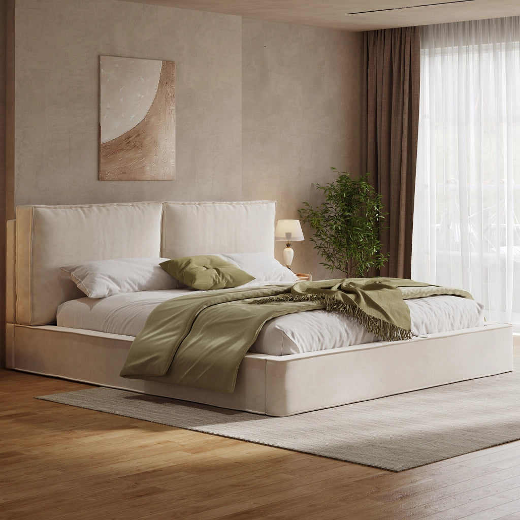 Letto imbottito matrimoniale 180 × 200 cm con testiera imbottita, rete inclusa, senza materasso, in chenille beige
