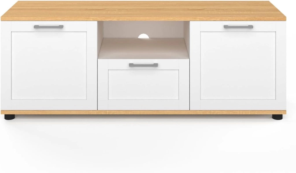 IDMarket - Mueble TV VITO con cajón y hornacina blancos y encimera de madera de 110 cm