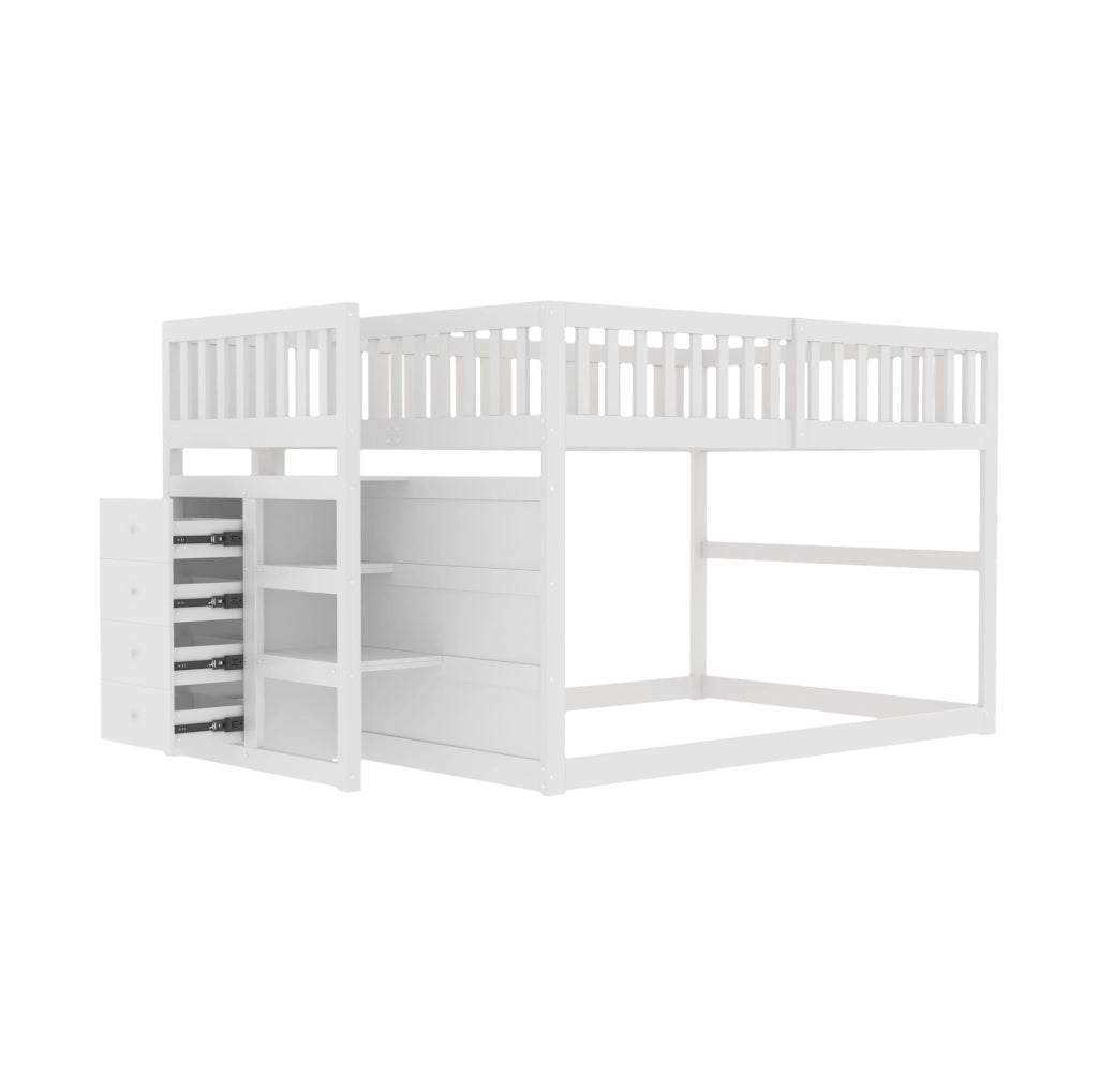 Letto a castello basso modulare 140 x 200 cm bianco con scala contenitore