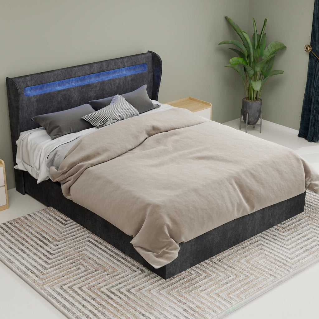Letto Basso 140x200 cm; LED Regolabile e Schienale Regolabile - in Tessuto e Metallo - Grigio