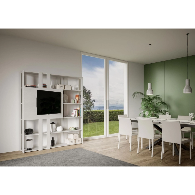 Composizione Libreria Kato 6R 2 fianchi 2 fasce lunghe 2 fasce corte 2 fasce medie pannello TV - Bianco Frassino,N