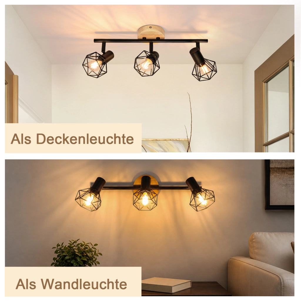ZMH Faretto da soffitto 3 Luci Nero Legno E14 Vintage Industriale Orientabile 350¡ã per Camera Soggiorno Senza Lampadina