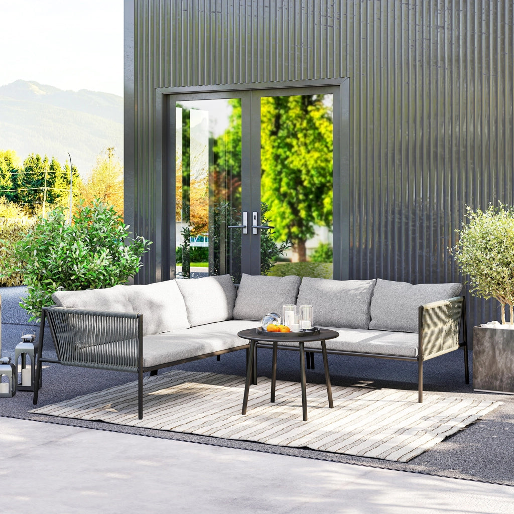 Salotto da Giardino con Divano Angolare Modulabile e Tavolino da Caffè in Rattan Grigio