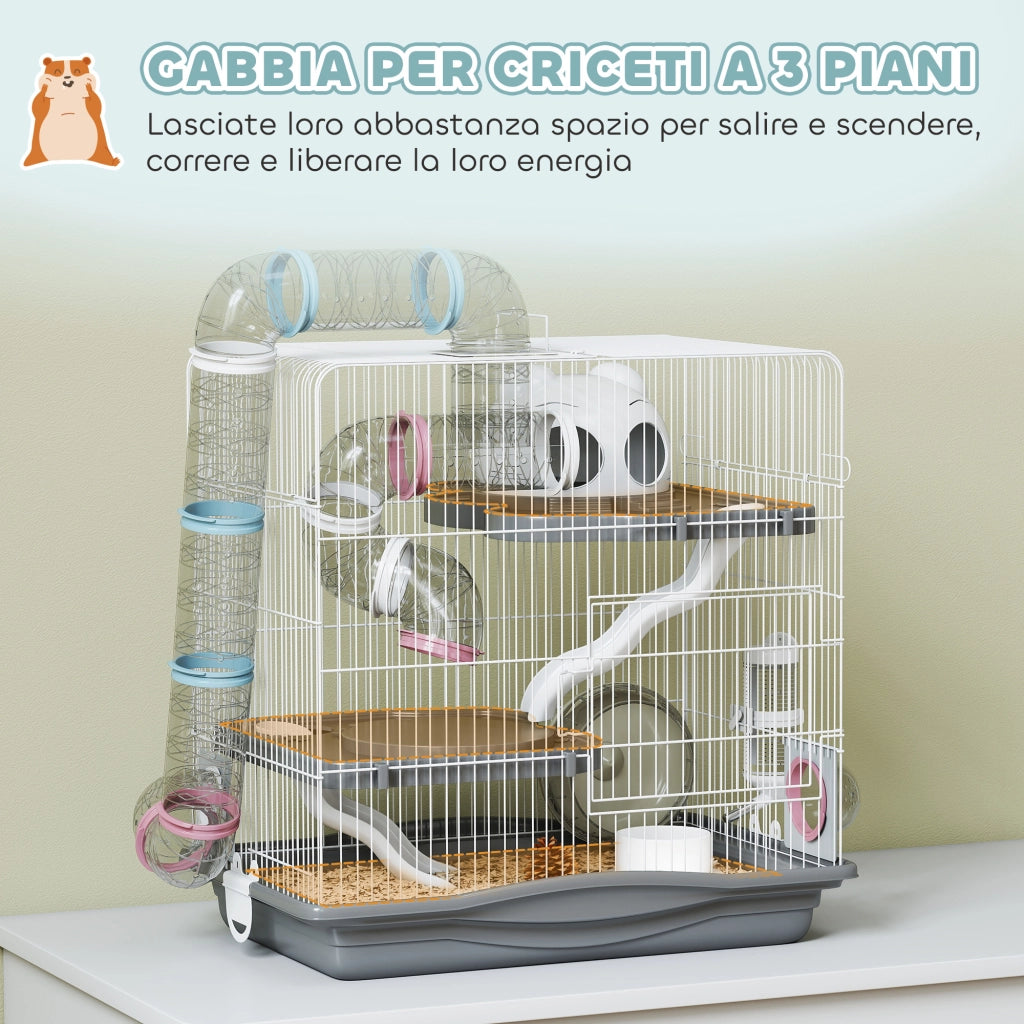 Gabbia per Criceti a 3 Livelli e 14 Tubi con Casetta, Rampa, e Accessori, in Metallo e Plastica, 45x30x45 cm, Grigio