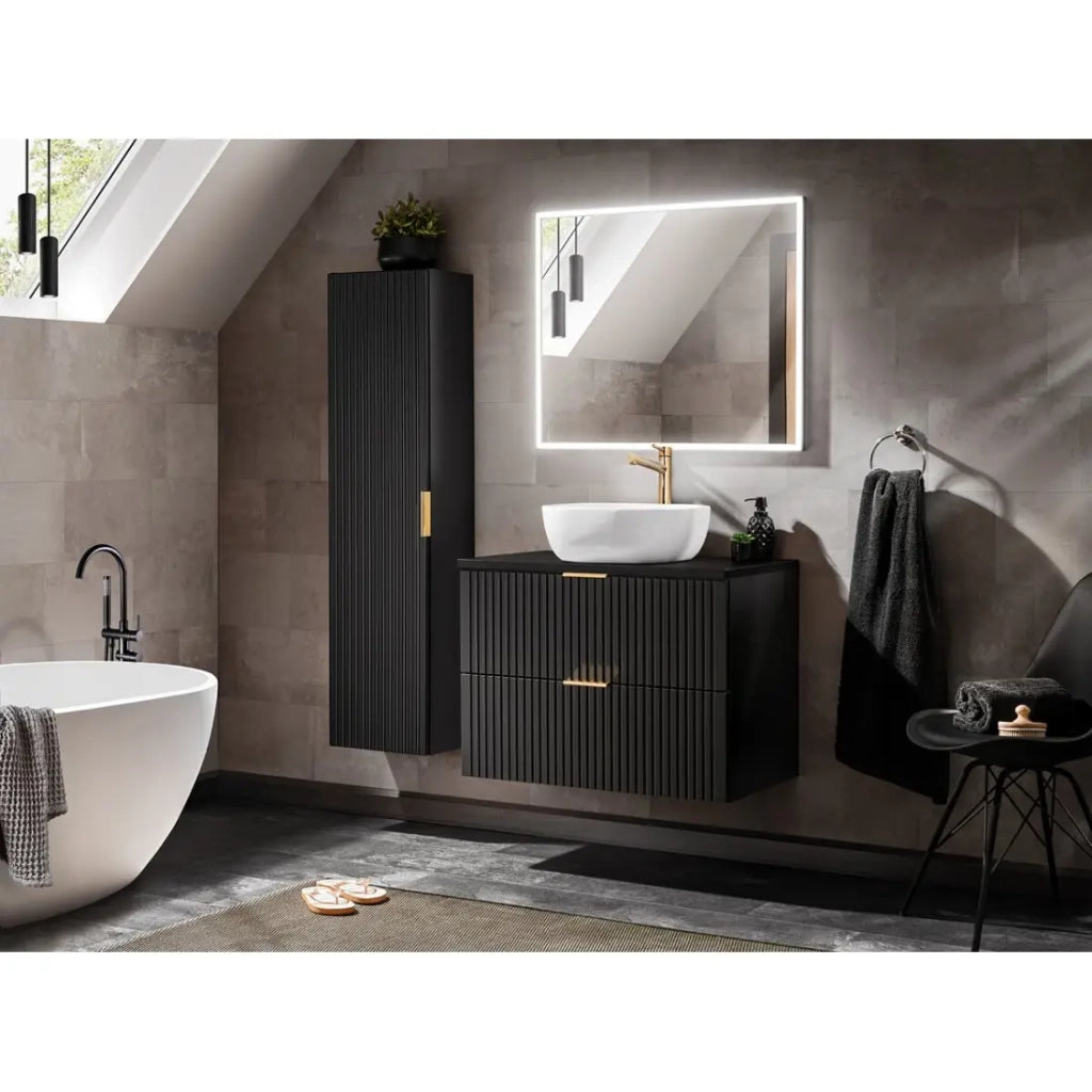 Mobile sottolavabo NOXERA 80 cm – Nero opaco – Lavabo + specchio LED + colonna sospesa