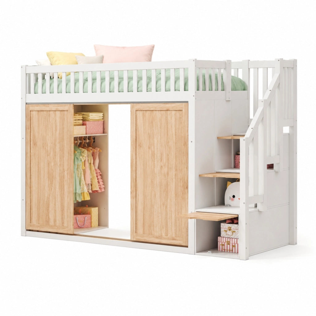 Letto a soppalco per bambini 90x200 cm con armadio e scala contenitore; LED controllabili da app; bianco e rovere
