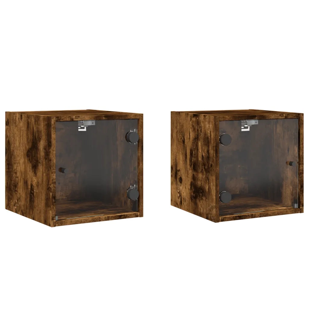 Set di 2 Comodini | Armadio da Notte | Mobiletto da notte con Ante in Vetro Rovere Fumo 35x37x35 cm