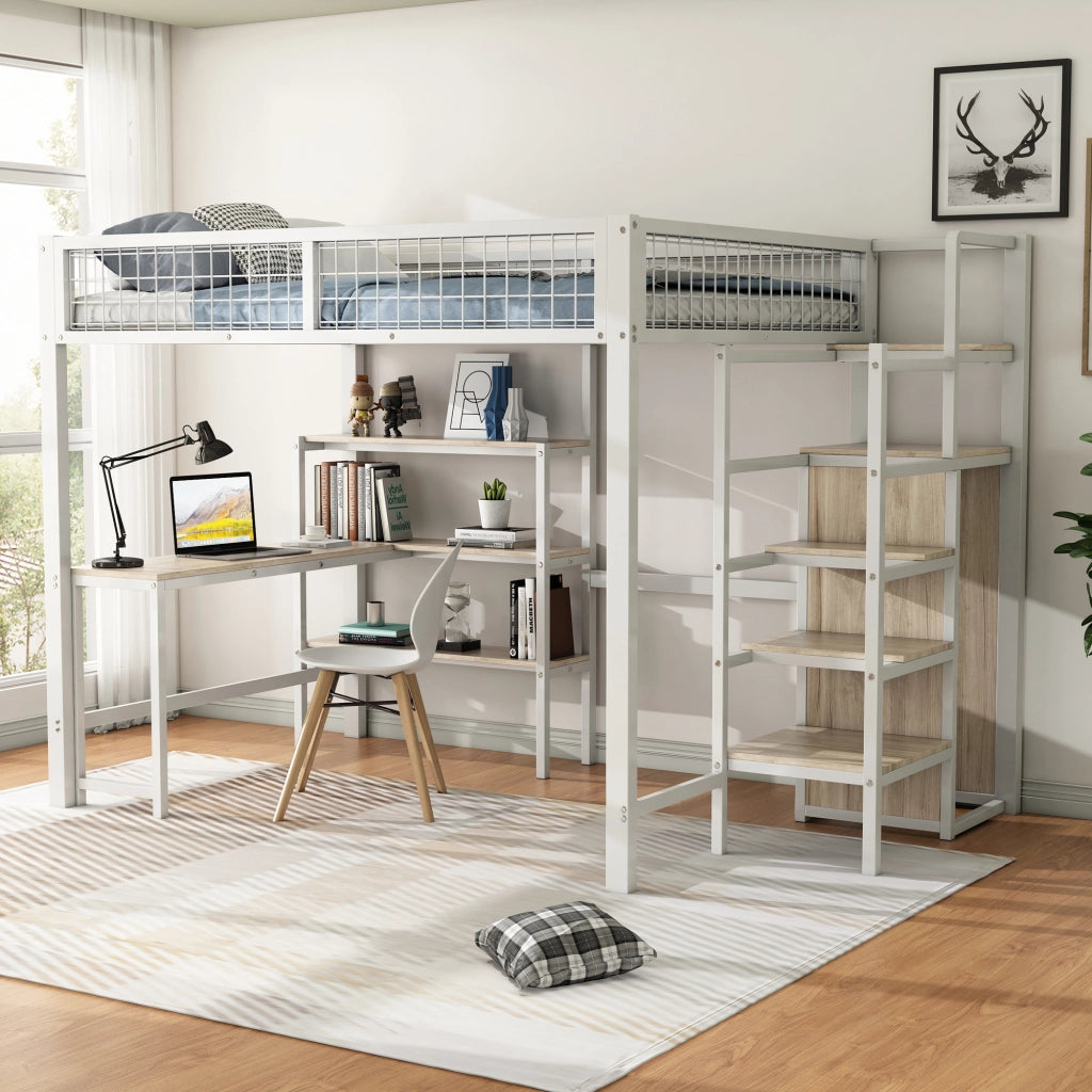 Letto a castello bianco in metallo e MDF con scrivania e armadio 140x200 cm