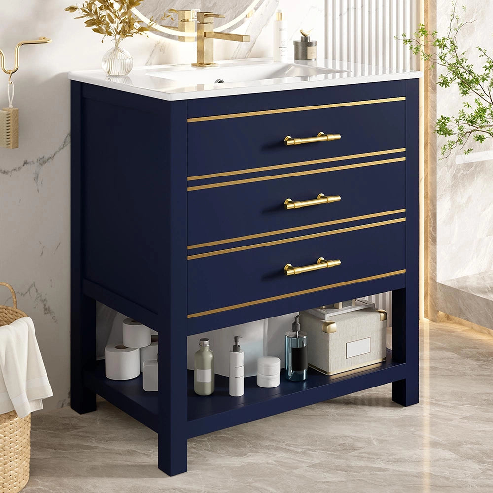 Armadietto sottolavabo bagno con lavabo ceramica - Xylo - 2 cassetti e scomparto aperto