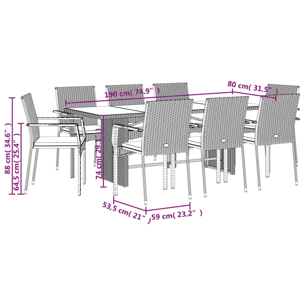 Set da Pranzo da Giardino 9 pz con Cuscini in Polyrattan Grigio
