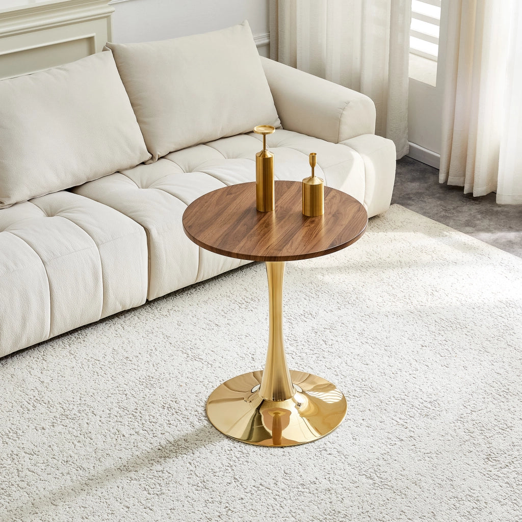 TAVOLO rotondo Mid-Century 72 cm MDF noce e metallo oro
