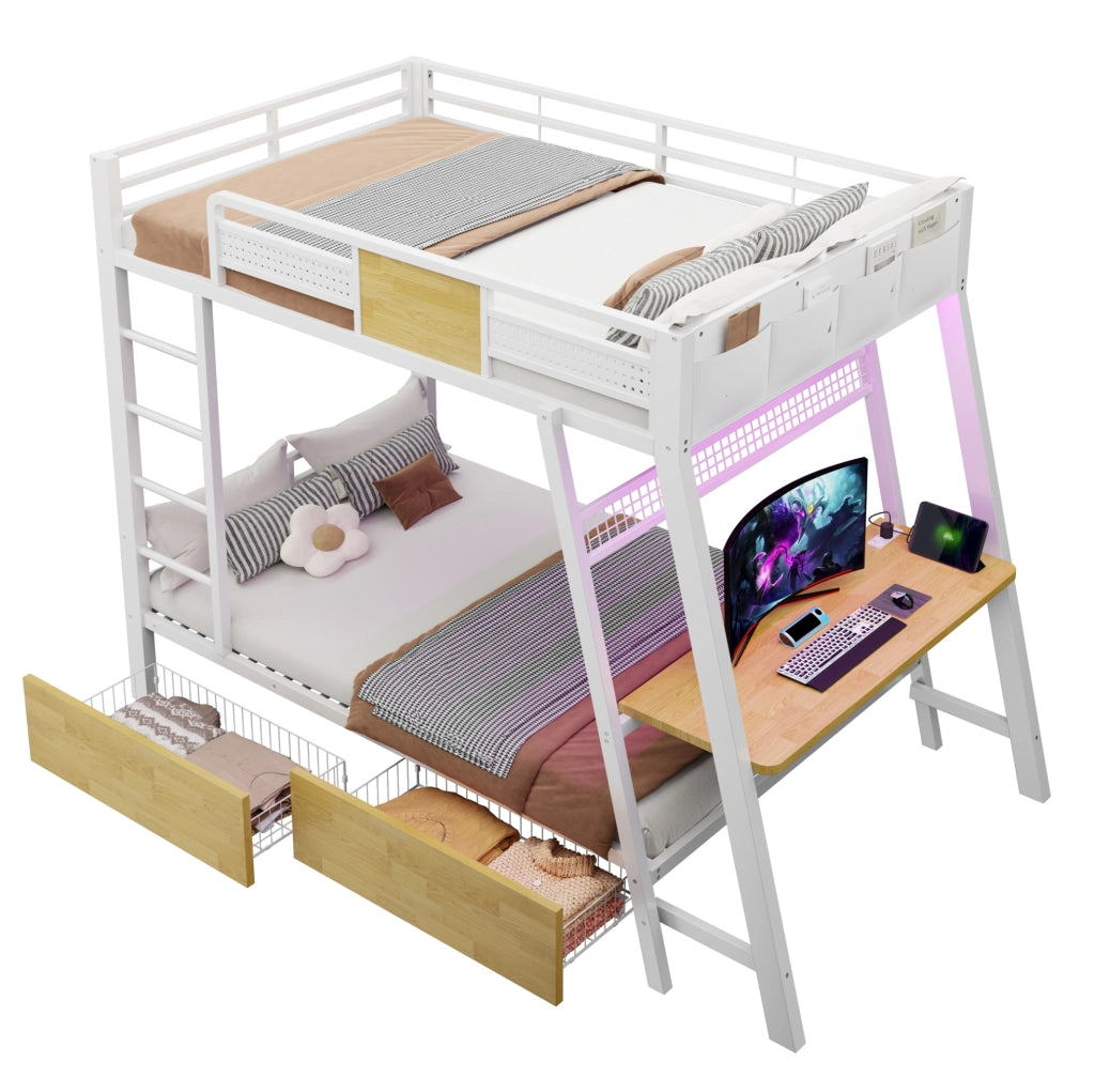 Letto a castello in metallo 90x200 cm con scrivania, LED e prese
