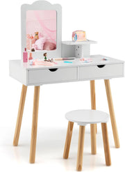 2 in 1 Set Toeletta per Bambini, Postazione Trucco in Legno con Sgabello, Specchio Rettangolare Staccabile e 2 Cassetti Capienti, Ideale per Bambini dai 3 ai 7 Anni, 70 x 37 x 100 cm