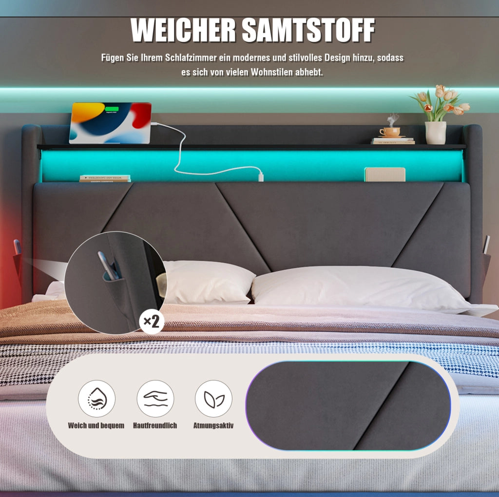 Letto 160x200 cm con LED, contenitore, USB e Type-C