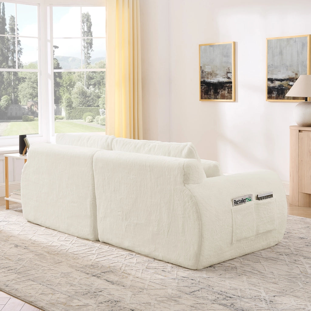 Divano 2 posti 208x101x81 cm beige con USB e tasca laterale, tessuto peluche