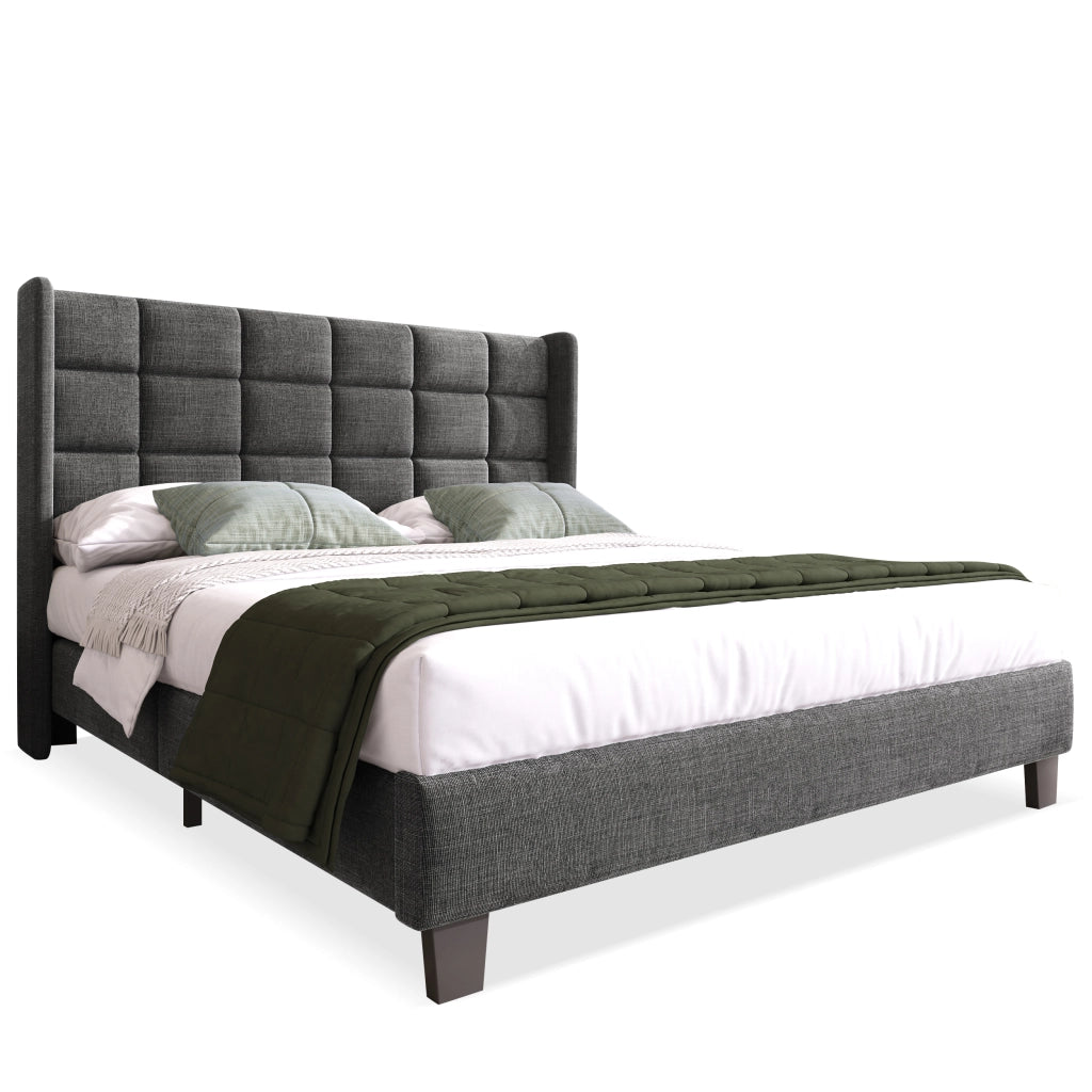 Letto Matrimoniale 140 x 200 cm; Letto Imbottito con Testiera Alta e Rete a Doghe; senza Materasso; Lino Grigio