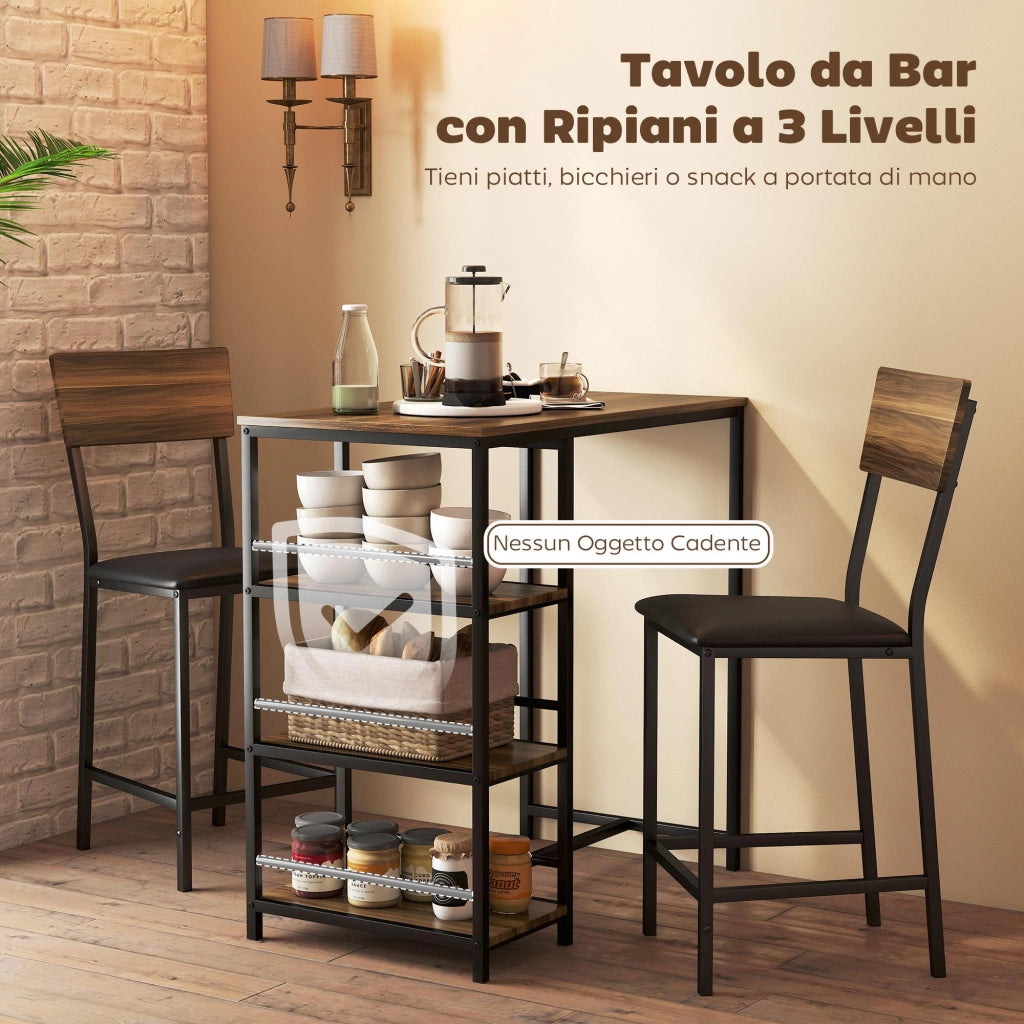 Tavolo da Bar a 3 Ripiani e 2 Sgabelli con Poggiapiedi e Schienale, in Legno e Acciaio, Nero e color Noce