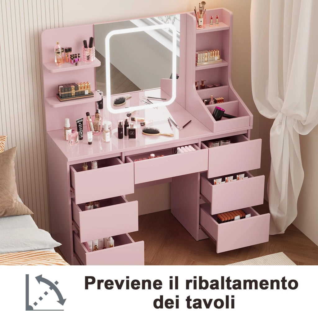 Toeletta da Trucco con 7 Cassetti, Postazione Trucco con Specchio a LED, Luminosità Regolabile,Tavolo da Toeletta con 4 Ripiani Aperti,per la Camera da Letto (Rosa)