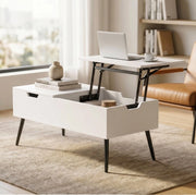 Tavolino da salotto elevabile con doppio piano; vani nascosti; legno bianco