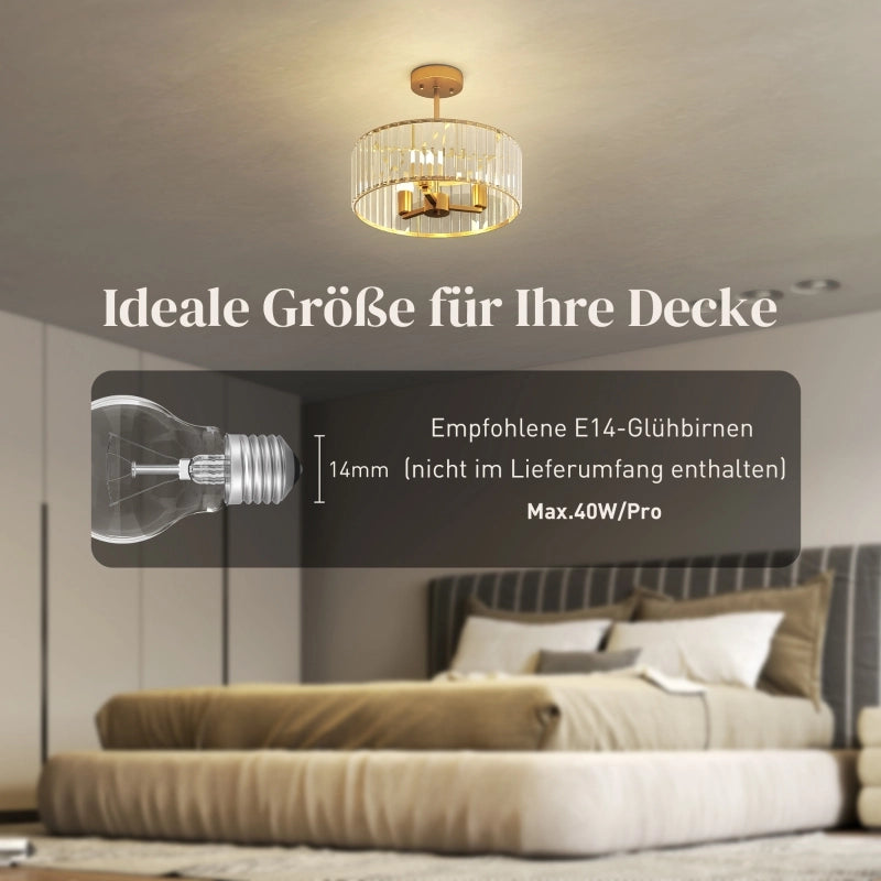 Lampada da soffitto, design a lampadario, paralume in cristallo, 3 lampadine, metallo, colore oro